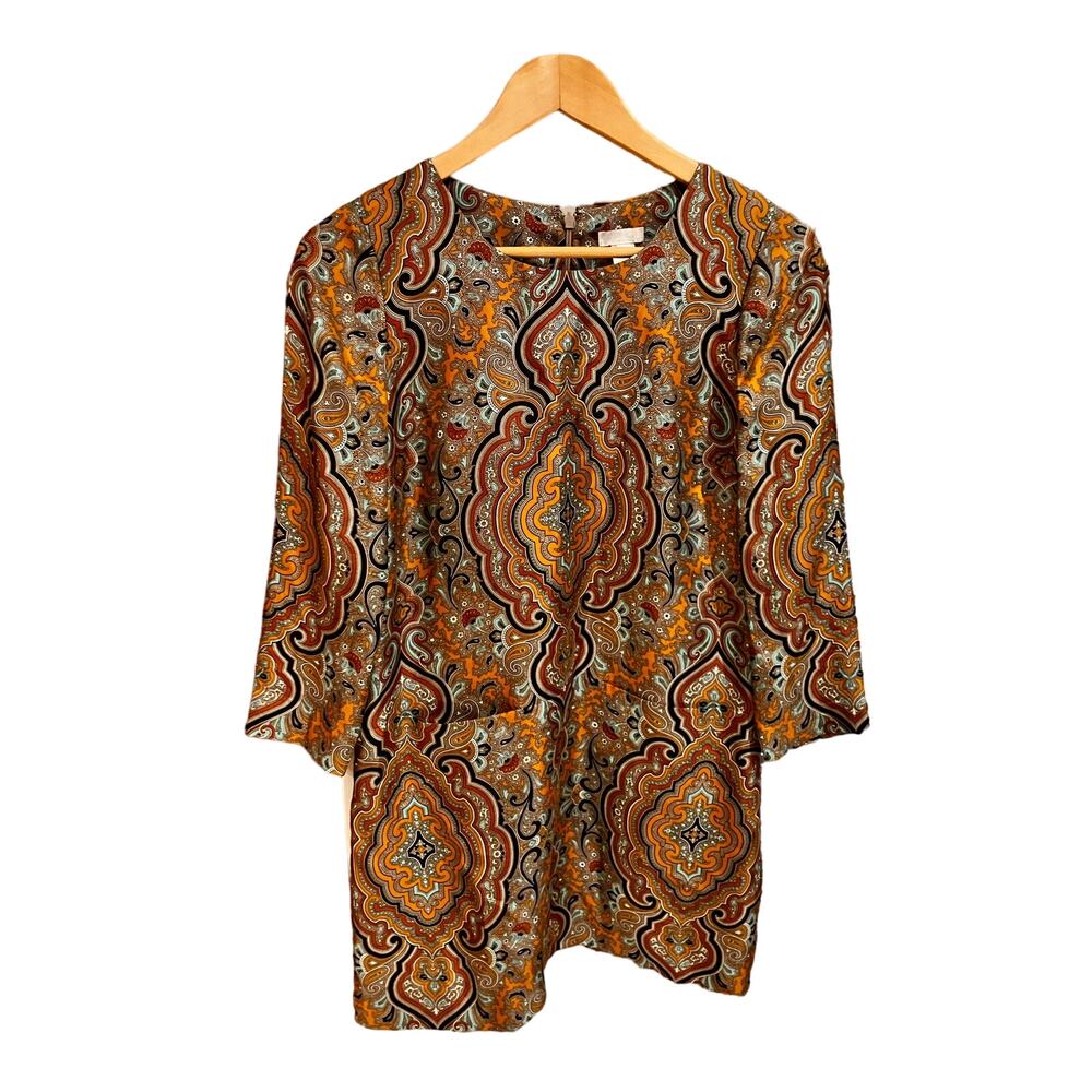 J. Crew Silk Dress Sz 0 Brown Tan Black 3/4 Sleeves Pockets Zip Up Shift Pattern - Picture 2 of 8